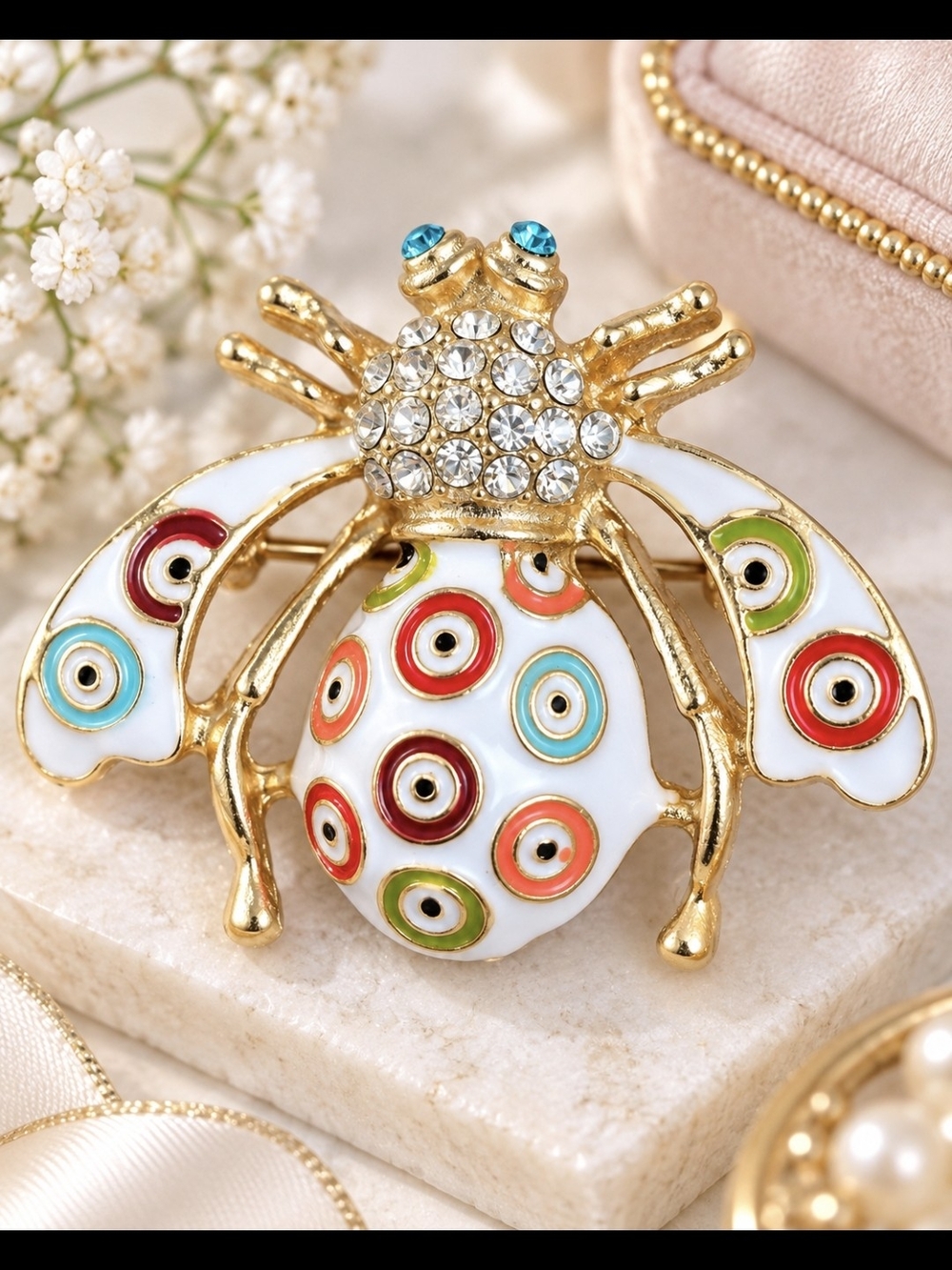 Gold-Tone Multicolor Enamel Bee Brooch with Crystals